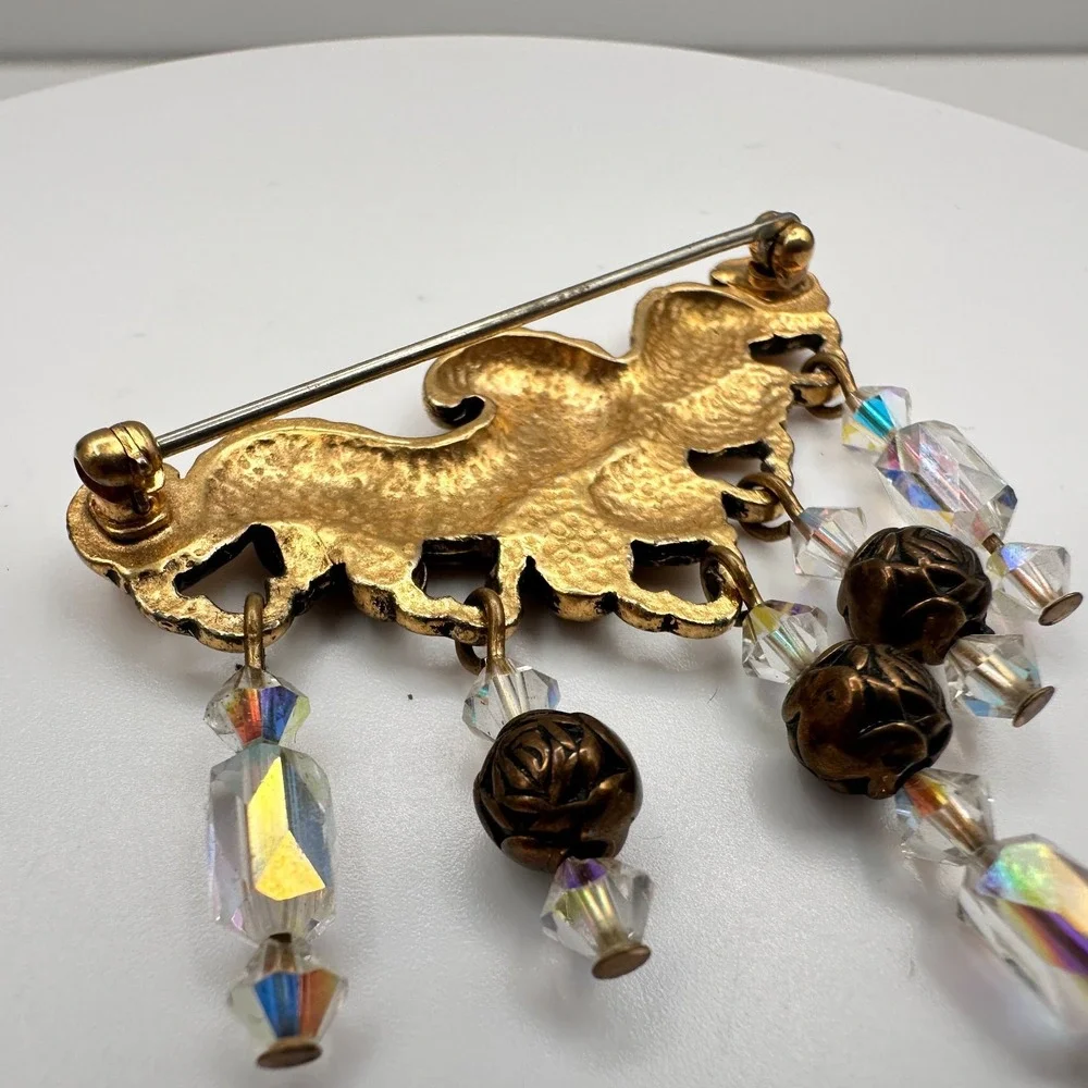 Vintage 80s Gold Tone Scrollwork Brooch Pin with Crystal Bead Dangles